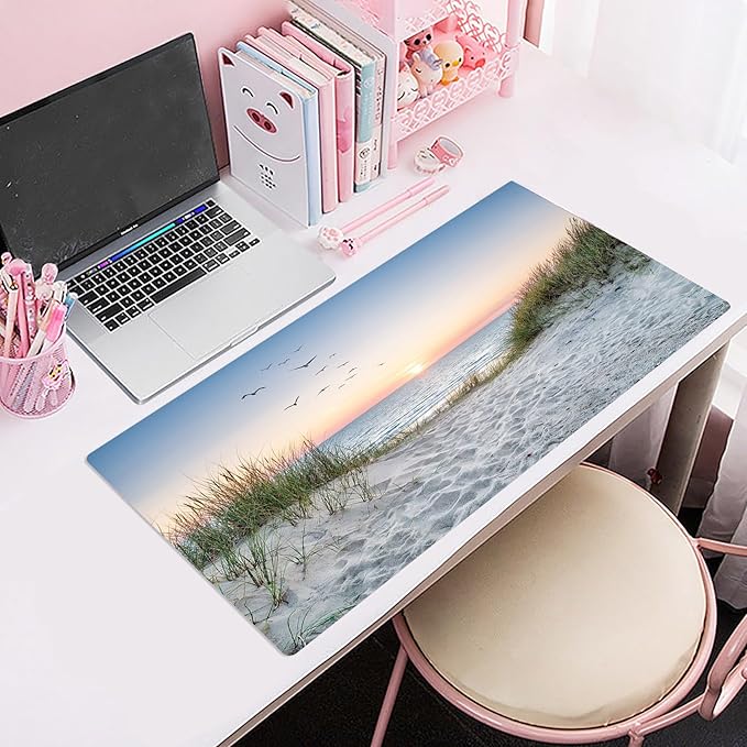 EOBTAIN Large Beach Mouse Pad Coastal Sunset Desk Mat for Keyboard and Mouses Nature Landscape Ocean Sea Desktop Accessories for Office Smooth Non Slip Rubber Gaming Mousepads,31.5x15.7 Inch