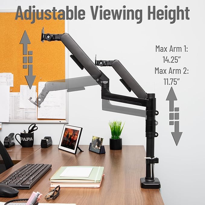 Mind Reader Dual Monitor Arm for 13–32 Inch Screens, Gas Spring VESA Desk Mount, ±180° Rotation, ±65° Tilt, ±180° Swivel, Holds up to 19.8 lbs Each, Integrated Cable Management, Black
