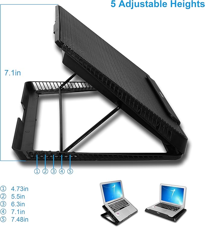 Portable Metal Mesh Laptop Cooler Cooling Pad, 6 Quiet Fans w/Green LED Light, 5 Adjustable Heights, Up to 17" in Notebook, 2 USB Interface w/Speed Control Switch, Non-Slip - Black (11147)