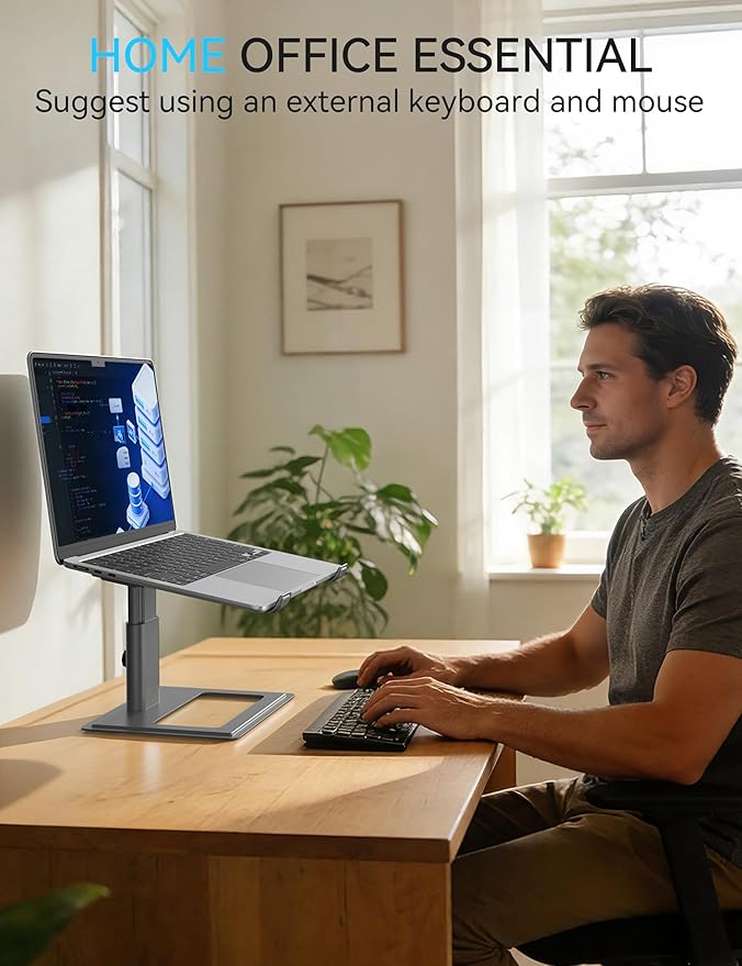 SOUNDANCE Adjustable Laptop Stand, Ergonomic Aluminum Riser for 10-17.3” Notebooks, Ventilated Metal Holder with Height Alignment for Desk Workspace, Grey