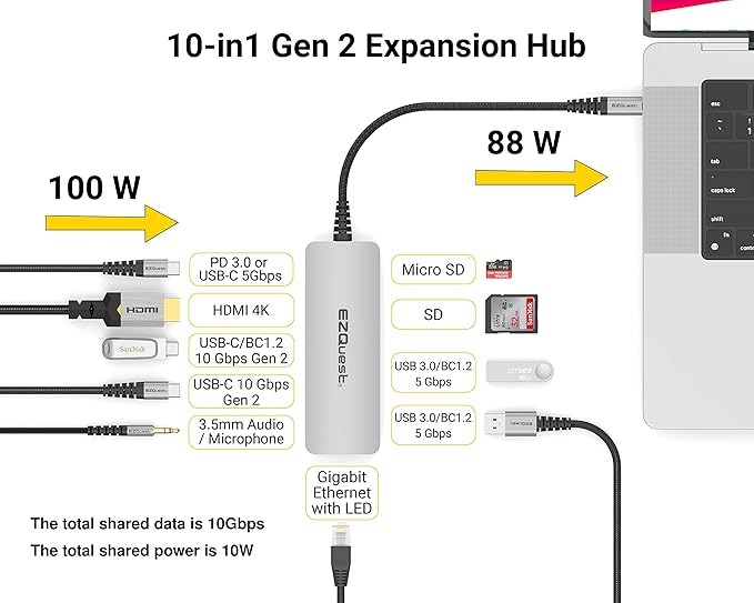 EZQuest USB-C Hub Docking Station 10 in 1 with 4K HDMI 60Hz, 1 GBS Ethernet, 2 USB C Gen 2 10Gbs, 1 PD 3.0, 2 USB-A 3.0, Audio Ports, SD/Micro SD, Compatible with USB Type C/Thunderbolt Computers
