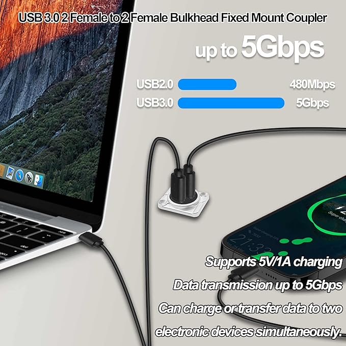 Dual USB 3.0 Panel Mount Adapter USB Type A Dual Female to 2 Female Coupler Bulkhead Fixed Mount Embedded D-Type Pass Though Connector for Data Transfer/Charging -Silver (D-Type)