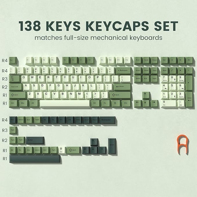 dagaladoo Double Shot PBT keycaps, Cherry Profile Keyboard Key caps, Matcha Green Custom keycaps 75 Percent 138-key Set for 60% 65% 75% 100% Cherry Gateron MX Mechanical Keyboard