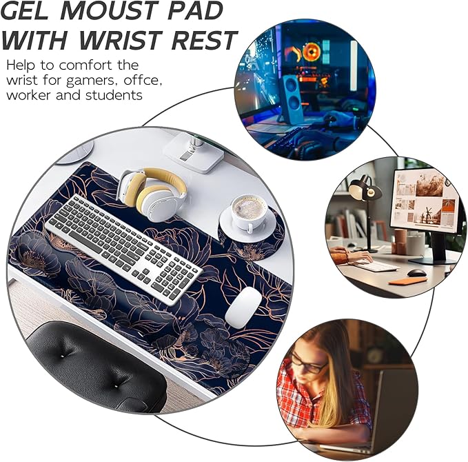 Gaming Mouse Pad Set Rose Gold Line Art Flowers Large Desk Mat Mousepad, Keyboard Wrist Support, Mouse Wrist Rest, Coaster 4in1 Ergonomic Memory Foam, Non-Slip Stitched Edge for Home Office