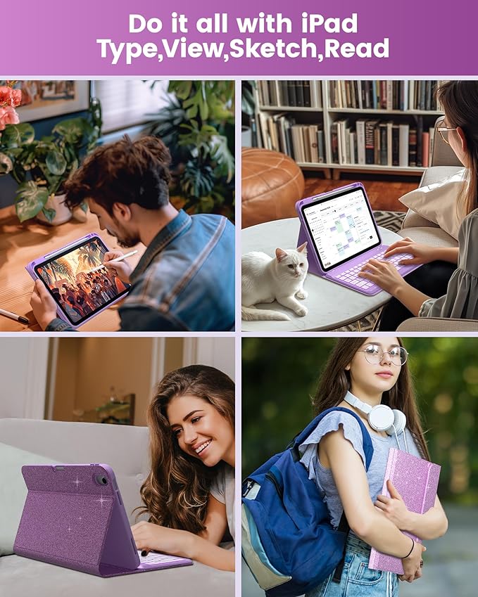 typecase Folio Keyboard Case for iPad 10th Gen 10.9 inch (2022) and iPad 11th (A16, 2025), Magnetic Wireless Detachable Keyboard, 7-Color Backlight, Thin & Light, Pencil Holder – Purple Glitter