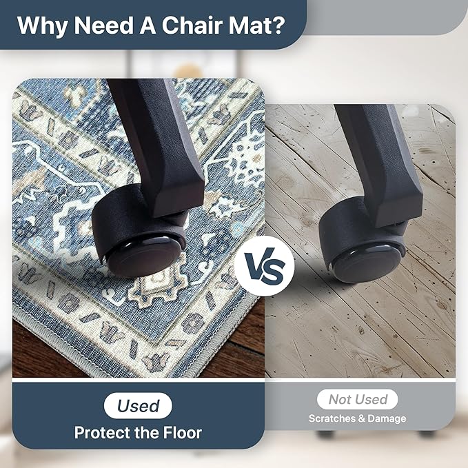 48"x60" Office Chair Mat for Hardwood Tile Floor, Under Desk Carpet Protector for Rolling Computer Chair Mat, Machine Washable Area Rug, Anti-Slip 1/5" Thick Low Pile Thin Vinyl Floor Mat, Navy
