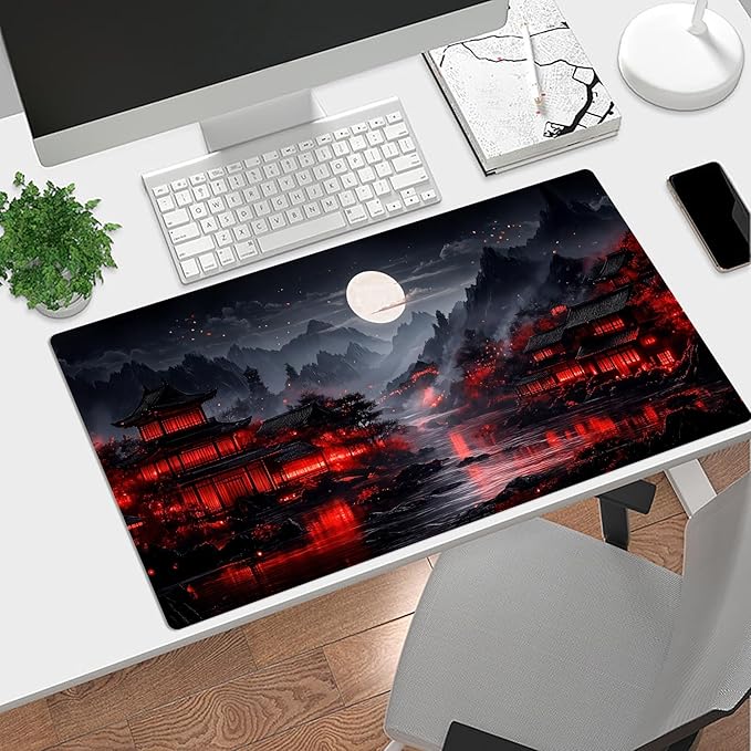 HVEST Japanese Gaming Mouse Pad, Black and Red Full Moon Large Mousepad,Laptop Computer Keyboard Mat with Non-Slip Rubber Base and Stitched Edge for Game, Office, Home 31.5'' x 15.7''