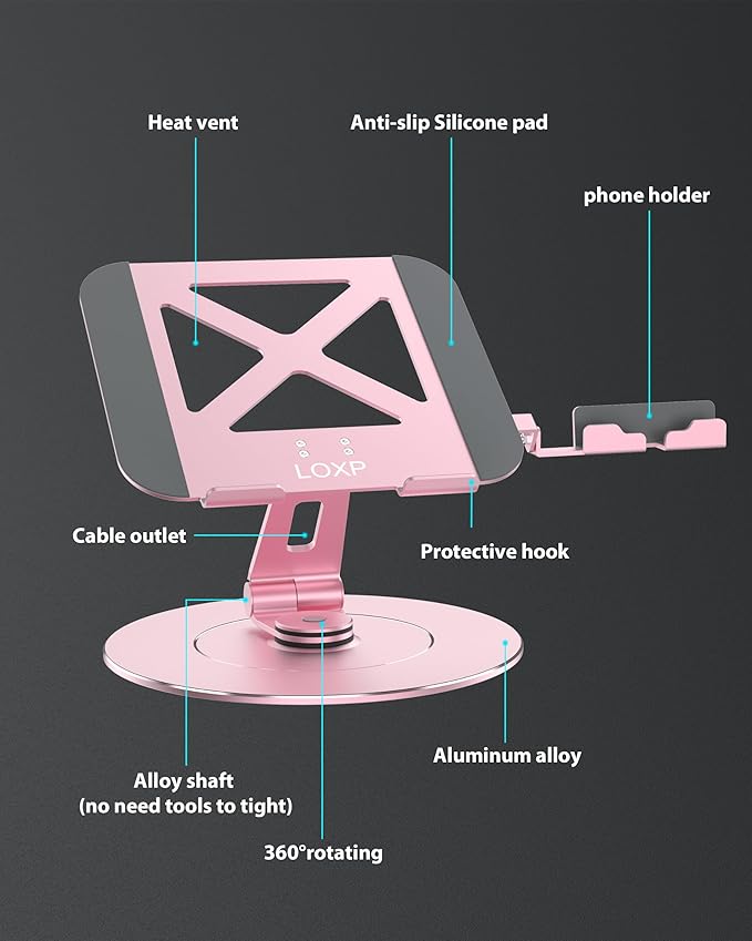 Ultra-Stable Aluminumy Laptop Stand for Desk with Foldable Phone Holder, Stylish Computer Stand for Women, Men Office, Printer Stand Fits Laptops, Pink