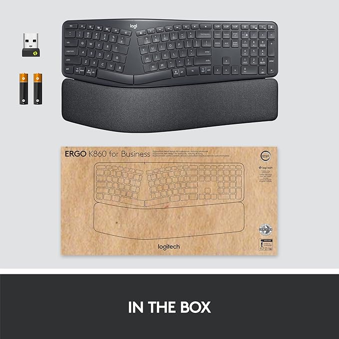 Logitech Ergo K860 Split Wireless Keyboard for Business - Ergonomic Design, Secured Logi Bolt Technology, Bluetooth, Globally Certified, Windows/Mac/Chrome/Linux - Graphite
