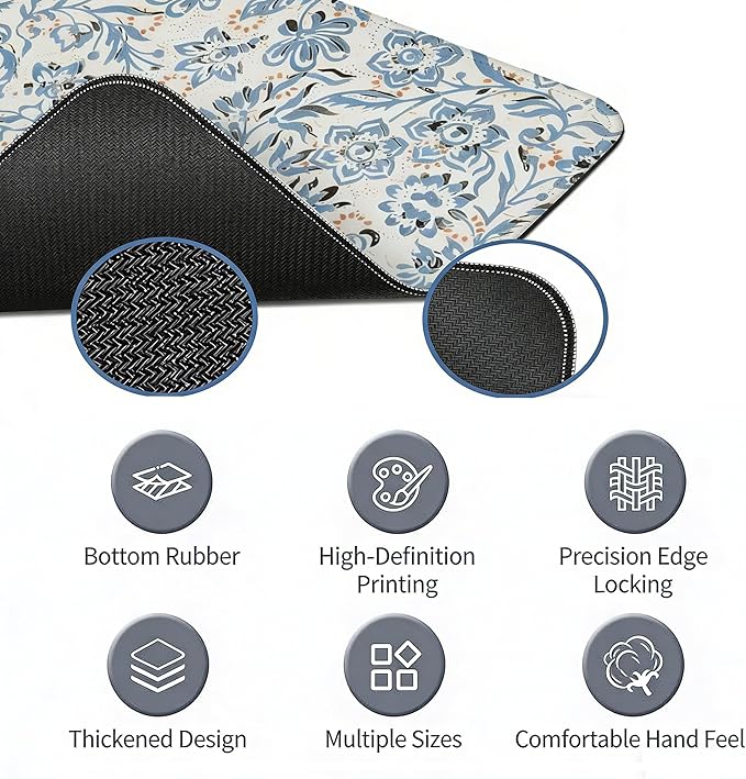 Blue Boho Mouse Pad Abstract Flroal Desk Mat, Spring Summer Mouse Pad for Desk Large, Blue and Beige Desktop Mats Aesthetic Computers Pads Flroal Decor for Desk Office Dorm Women 31.5x11.8