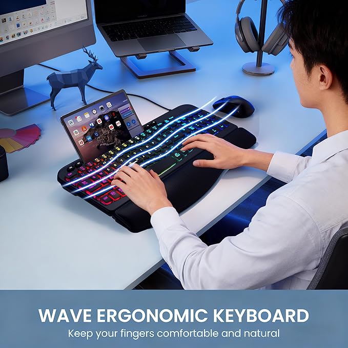 VEILZOR Wired Ergonomic Keyboard, 7-Color Backlit USB Computer Keyboard with Wrist Rest, Wave Keys, Phone Holder, Lighted Keyboard Compatible with PC, Laptop, Windows, and Mac