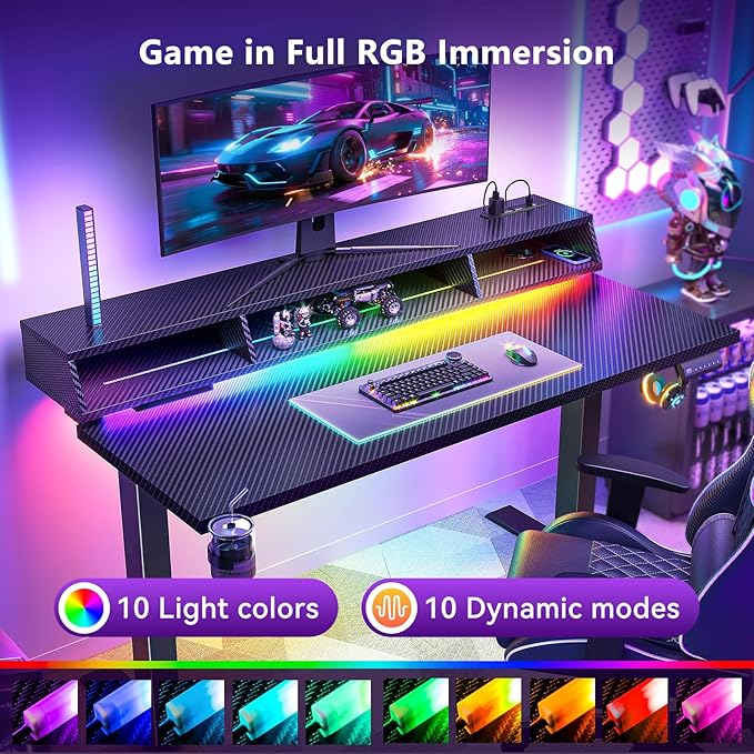 OffiGo Gaming Standing Desk with LED Light, 48 Inch Electric Height Adjustable Table with Power Outlet & Floating Monitor Stand, Sit Stand Computer Workstation for Home, Bedroom, Black