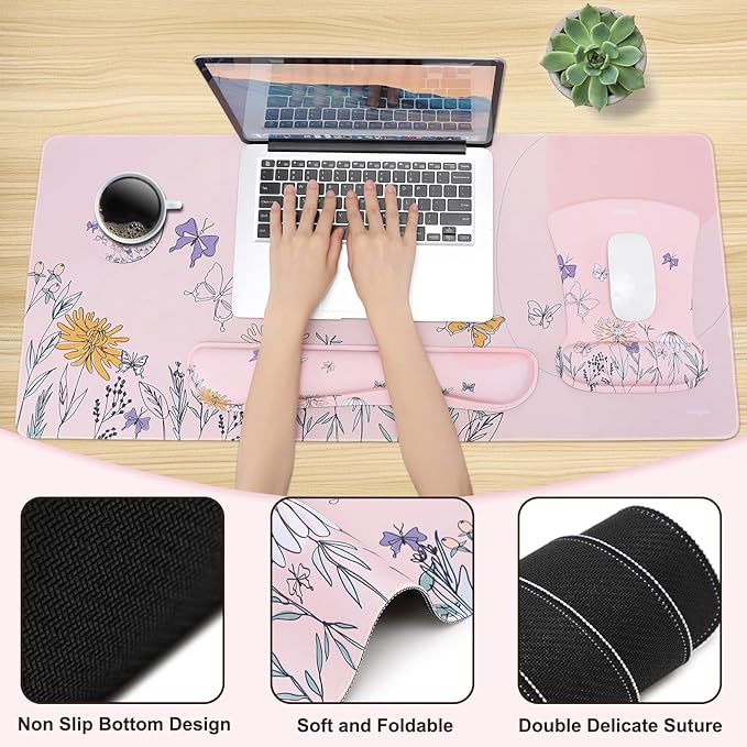 MEGREZ 4-in-1 Ergonomic Memory Foam Wrist Rest Set, Desk Pad, Mouse Pad with Wrist Rest, Keyboard Pad, Suitable for Office Workers, Programmers & Gamers–Relieve Typing & Gaming Fatigue, Light Pink