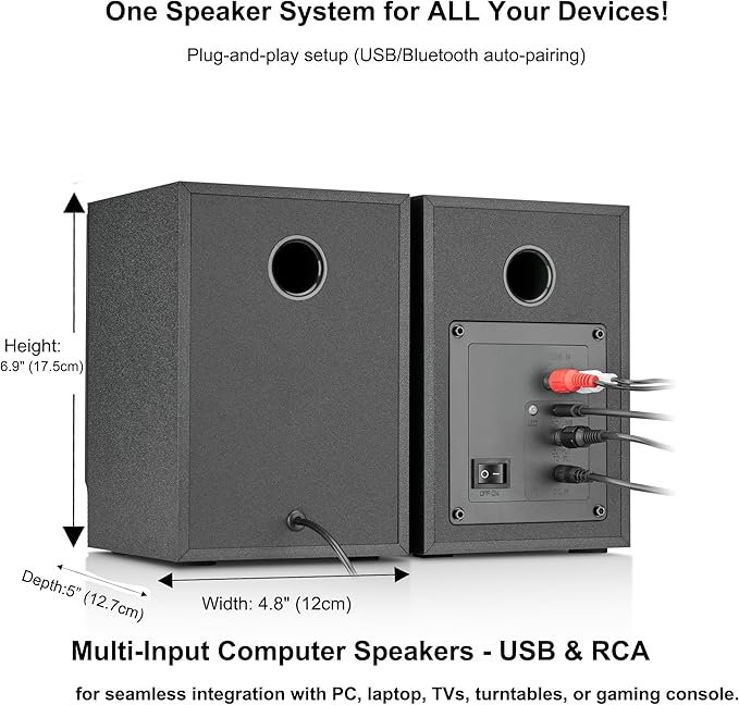 Computer Speakers for Desktop PC - 60W Bluetooth Stereo Sound with Bass, Active Powered Speakers for Home Audio, Monitor, Laptop, Gaming & TV, (Black Pair)
