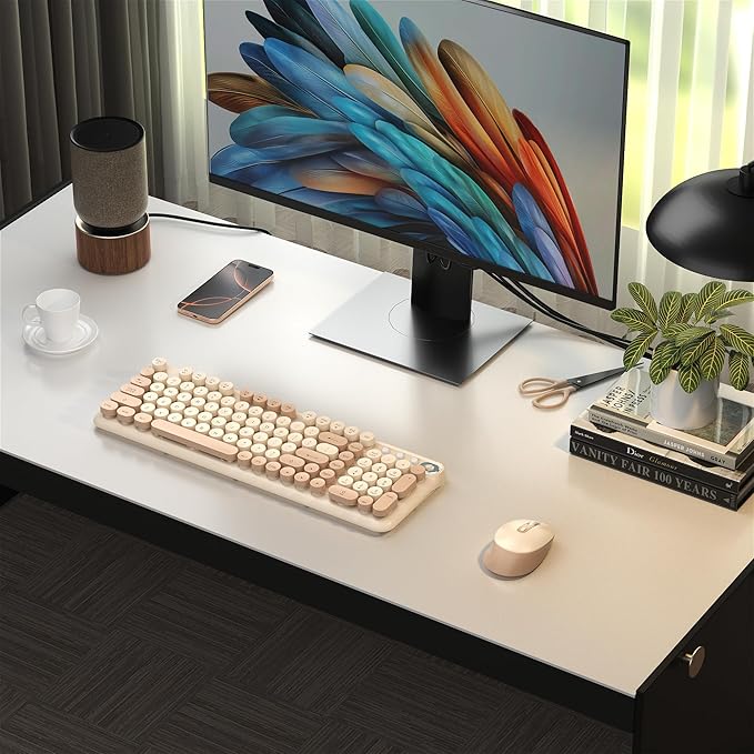 Wireless Keyboard and Mouse Combo, 2.4GHz USB Receiver, Plug and Play, Retro Full Size Typewriter Keyboard and Wireless Mouse for Computer, Laptop, Windows, Mac, and PC (Milk Tea)
