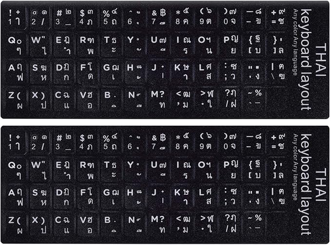 2PCS Thai Keyboard Stickers, Thai-English Keyboard Letters Replacement Sticker White Font on Black Background for Computer Laptop Notebook Desktop, Matte Vinyl Keyboard Alphabet Sticker