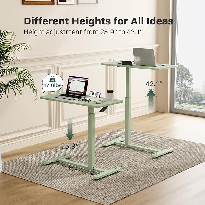 Mobile Standing Desk, Pneumatic Adjustable Rolling Desk(31.5 Inches), Portable Laptop Desk with 4 Lockable Wheels, Overbed Bedside Table Laptop Table for Couch, Home, Office, Green