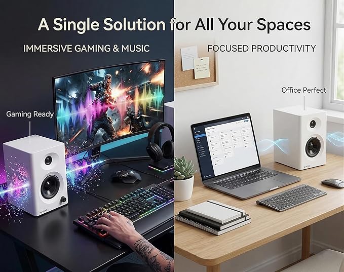 3-Inch Bluetooth 5.3 Computer Speakers for PC, Max 60W RMS Rich Stereo Sound with Good Bass & Clear Highs, Stable Aux/RCA Inputs, for Gaming, Home Office, Studio, White Pair