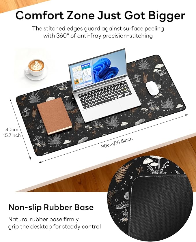 XL Gaming Mouse Pad, 31.5x15.7'' Large Desk Mat with Anti-Slip Rubber Base & Stitched Edges for Gaming, Office, Home, Black Art