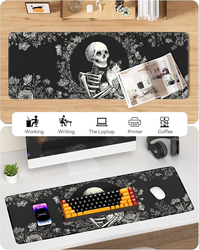 Skull Mouse Pad, 31.5 x 11.8 Large Desk Mat with Stitched Edges & Non-Slip Base, Mousepad for Office, Home, Work, Skull Cat