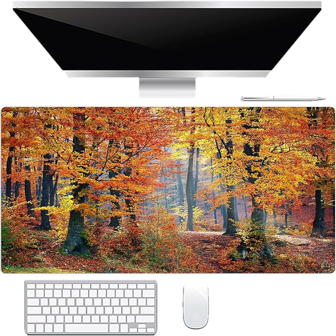 HVEST Fall Forest Gaming Mouse Pad, Autumn Nature Landscape Desk Mat XL, Orange Large Keyboard and Mouse Pad with Non-Slip Rubber Base and Stitched Edge for Game, Office, Home 31.5'' x 15.7''