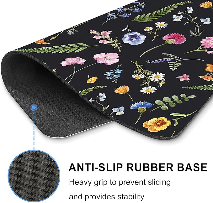 Floral Mouse Pad Mousepad Flower Black Cute Pretty Aesthetic Desk Mat Daisy Plant Botanical Leaf Square Women Laptop Computer Gaming Office Small Portable Non-Slip Wireless Washable Accessories