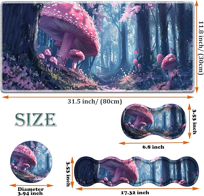 Large Gaming Mouse Pad + Keyboard Wrist Rest + Wrist Support + Coaster Set, Memory Foam Ergonomic for Easy Typing, XXL Extended Gaming Mouse Pad Table Pad - Mushroom Forest