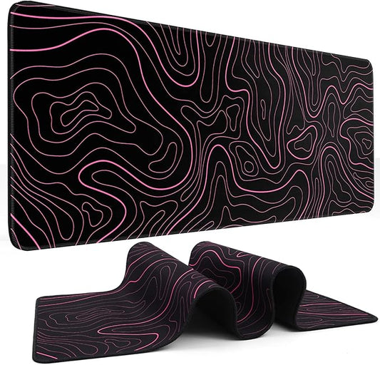 Mouse Pad Gaming Mousepad 31.5 x 11.8 in Large Mouse Pad for Keyboard and Mouse with Anti-Slip Rubber Base, Keyboard Pad XL Mouse Mat for Home and Office(Black with Red Topographic Line)