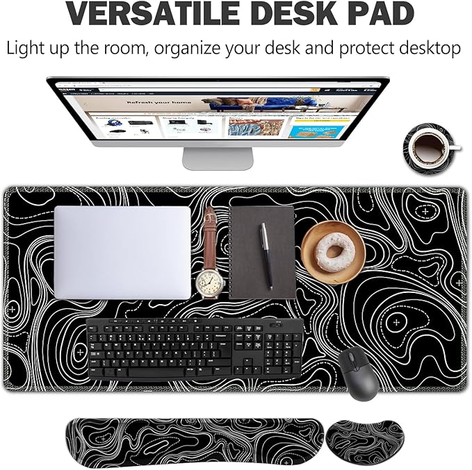 AIMSA Keyboard Mouse Pad Set, Large Gaming Mouse Pad +Wrist Rest Mouse Pad +Keyboard Wrist Support +Coaster, 35x15.7 inch Extended Desk Mat for Easy Typing Pain Relief (Black Topographic)
