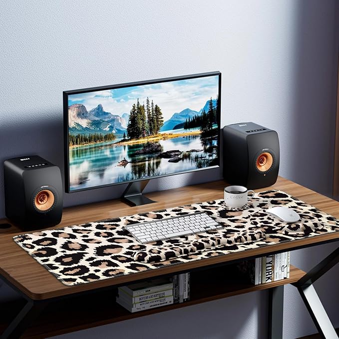 iLeadon Mouse Pad Set, Desk Mat + Mouse Pad with Wrist Rest + Keyboard Wrist Rest + Coaster, 4in1 Leopard Mouse and Keyboard Pad Set for Home Office, Classic Leopard