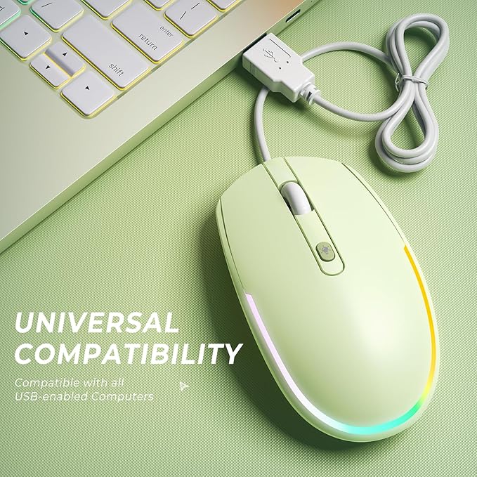seenda Wired Mouse - USB Computer Mice Wired with RGB Backlit Optical LED Mouse with Attached USB Cord for Laptops Notebooks Chromebook - Green
