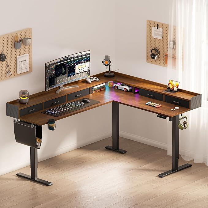 75 Inches Height Adjustable L Shaped Standing Desk with 5 Drawers and Monitor Shelf, Electric Sit to Stand Home Office Comupter Table, Ergonomic Corner Gaming Desk, Black Walnut