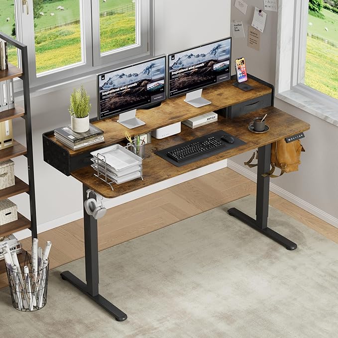 Furmax Electric Standing Desk with Drawers, Stand Up Desk with Storage Shelf Height Adjustable Computer Desk with Organizer for Home Office Ergonomic (Rustic Brown, 55 Inch)