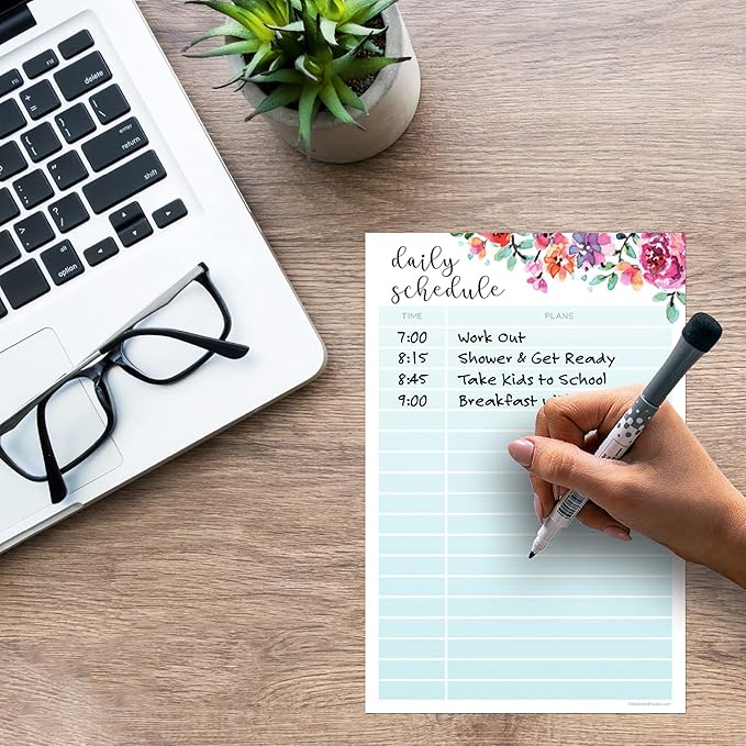 Dry Erase Daily Schedule Planner Sticker Decal by Glassboard Studio | Removable & Reusable | Magnetic Fine-Tip Marker Included (6 x 9 inches, Floral)