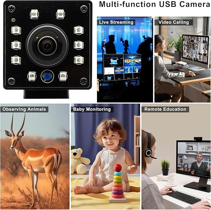 1080P Day&Night Vision USB Camera with Auto IR-Cut Switching, 166Degree Fisheye Lens Wide Angle Webcam, OV2710 30FPS/60FPS/120FPS High Speed Security Camera Plug&Play for Remote Monitoring/3D Printer