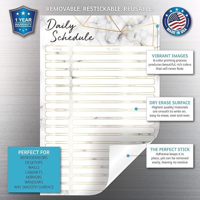 Dry Erase Daily Schedule Planner Sticker Decal by Glassboard Studio | Removable & Reusable | Magnetic Fine-Tip Marker Included (6 x 9 inches, Marble)