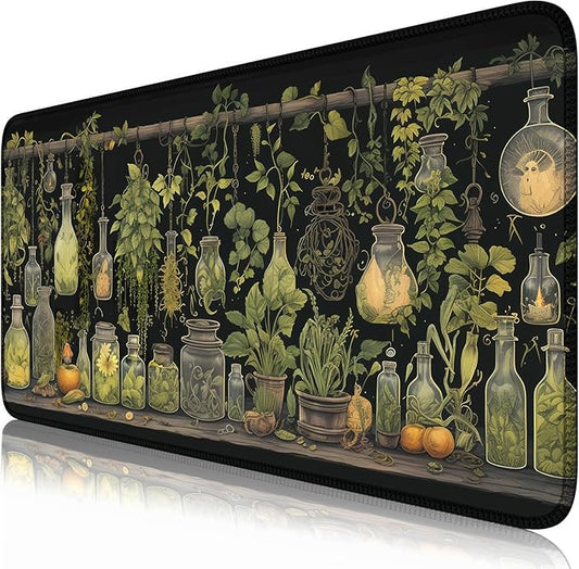 Witchy Botanical Green Plants Desk Mat Mouse Pad Large Gaming Mouse Pad Mystical Dark Cottagecore Mousepad Computer Laptop Keyboard and Mouse Mat, Desktop Protector Mat