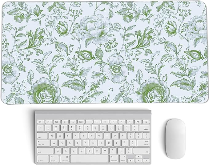 Sage Green Chinoiserie Mouse Pad,Sage Green Floral Desk Mat,XL Large Greens Floral Preppy Trendy Mouse Pad,Girly Gaming Mousepad,Girly Laptop Desk Mat for Dorm Home Office,23.6x11.8 Inch