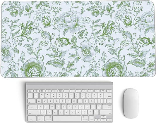 Sage Green Chinoiserie Mouse Pad,Sage Green Floral Desk Mat,XL Large Greens Floral Preppy Trendy Mouse Pad,Girly Gaming Mousepad,Girly Laptop Desk Mat for Dorm Home Office,23.6x11.8 Inch
