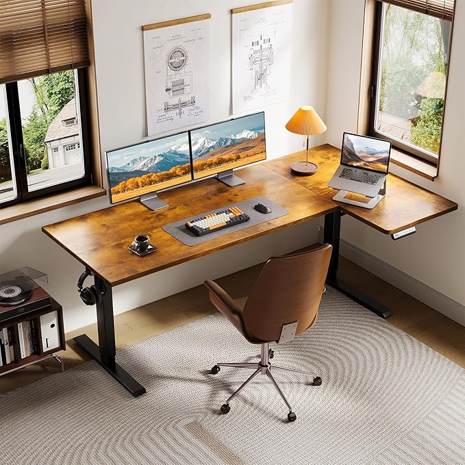 OffiGo Electric L Shaped Standing Desk, 63 Inches Height Adjustable Table, Reversiable Corner Stand Up Desk, Lifting Computer Table for Home Office, Computer Workstation, Rustic Brown