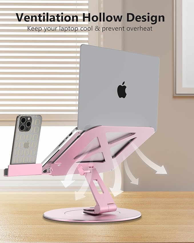Ultra-Stable Aluminumy Laptop Stand for Desk with Foldable Phone Holder, Stylish Computer Stand for Women, Men Office, Printer Stand Fits Laptops, Pink
