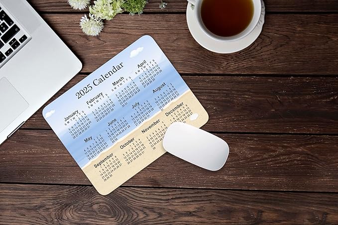 Calendar Mouse Pad, Gaming Mouse Mat with Custom Design, Non-Slip Rubber Base MousePads for Office Home Laptop Travel, 9.5"x7.9"x0.12" Inch (2025 Calendar Sky Beach Background)
