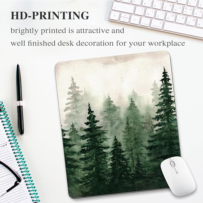Green Forest Mouse Pad Mountain Tree Desk Mousepad Computer Gaming Office Small Cute Aesthetic Vintage Christmas Large Wireless Mat Desktop Laptop Travel Square Medium Accessories Supplies
