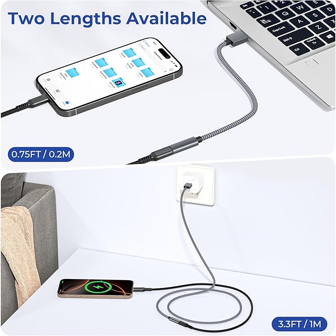 Basesailor USB 3.0 to USB C Adapter 3.3FT 2Pack,USBC Female to A Male Cable,5Gbps 3.1 Type C Charger Connector for Apple iPhone 17 17e 16 16e 15 Pro Max,iPad Air Mini 7,Samsung S26 S25 S24,Z Fold Flip