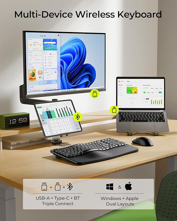 seenda Bluetooth Ergonomic Keyboard, COE311 Wireless Keyboard with 3 Multi-Device Connectivity, Rechargeable, Wave Keys, Soft Wrist Rest, Compatible for Windows/macOS/PC/Laptop/MacBook/iPad - Black