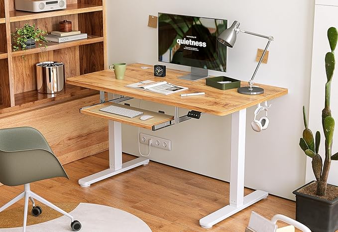 BANTI 55" x 24" Height Adjustable Electric Standing Desk with Keyboard Tray, Sit Stand up Desk with Splice Board, White Frame/Light Rustic Brown Top