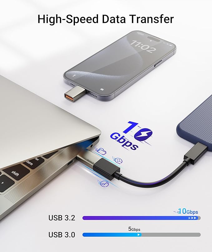 Syntech USB C to USB Adapter, 10Gbps USB3.2 Gen 2 Fit Side by Side, Type C Male to A 3.2 Female Adapter Compatible with iPhone 17e 17 Pro Max/iPad/iMac/MacBook Pro & Thunderbolt 4/3 Devices, Starlight