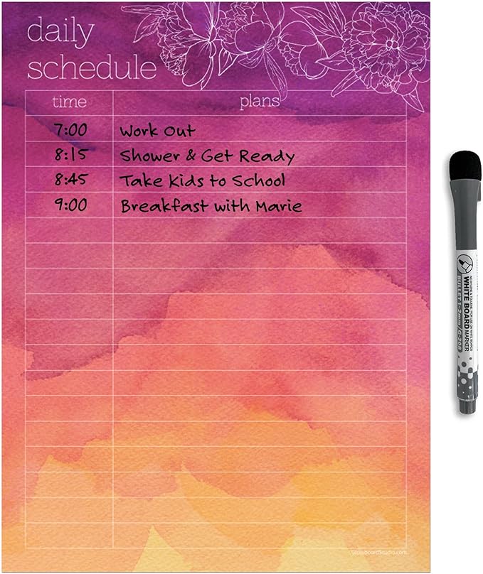 Dry Erase Daily Schedule Planner Sticker Decal by Glassboard Studio | Removable & Reusable | Magnetic Fine-Tip Marker Included (9 x 12 inches, Peony)