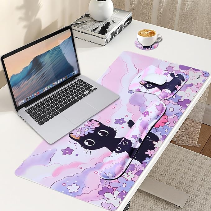 MEGREZ 4-in-1 Ergonomic Memory Foam Wrist Rest Set, Desk Pad, Mouse Pad with Wrist Rest, Keyboard Pad, Suitable for Office Workers, Programmers & Gamers–Relieve Typing & Gaming Fatigue, Kitten
