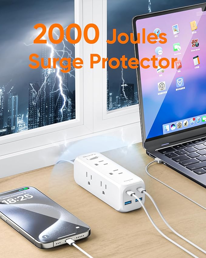 Flat Plug Power Strip with 6 AC Outlets 4 USB Ports, 2000 Joules Surge Protector, 3FT Flat Extension Cord, Home Office Travel Dorm Room Essentials